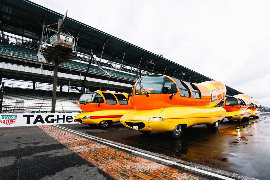 Wienermobile at speed on the oval